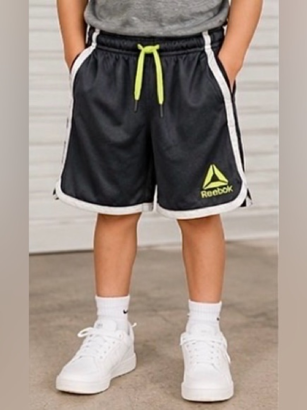 Reebok Black Shorts with Neon Yellow Trim for Kids